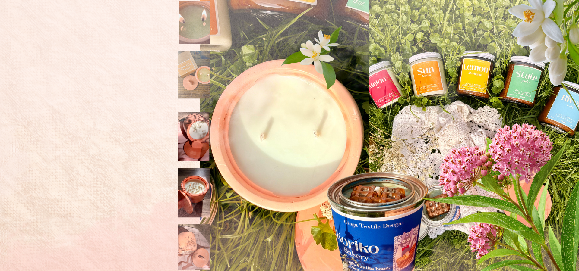 Collage of candles, flowers, and a can on a light pink background