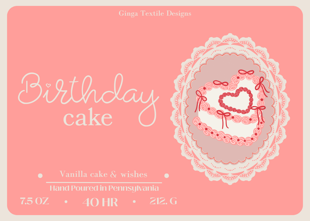 Product packaging with 'Birthday cake' text and decorative design on a pink background
