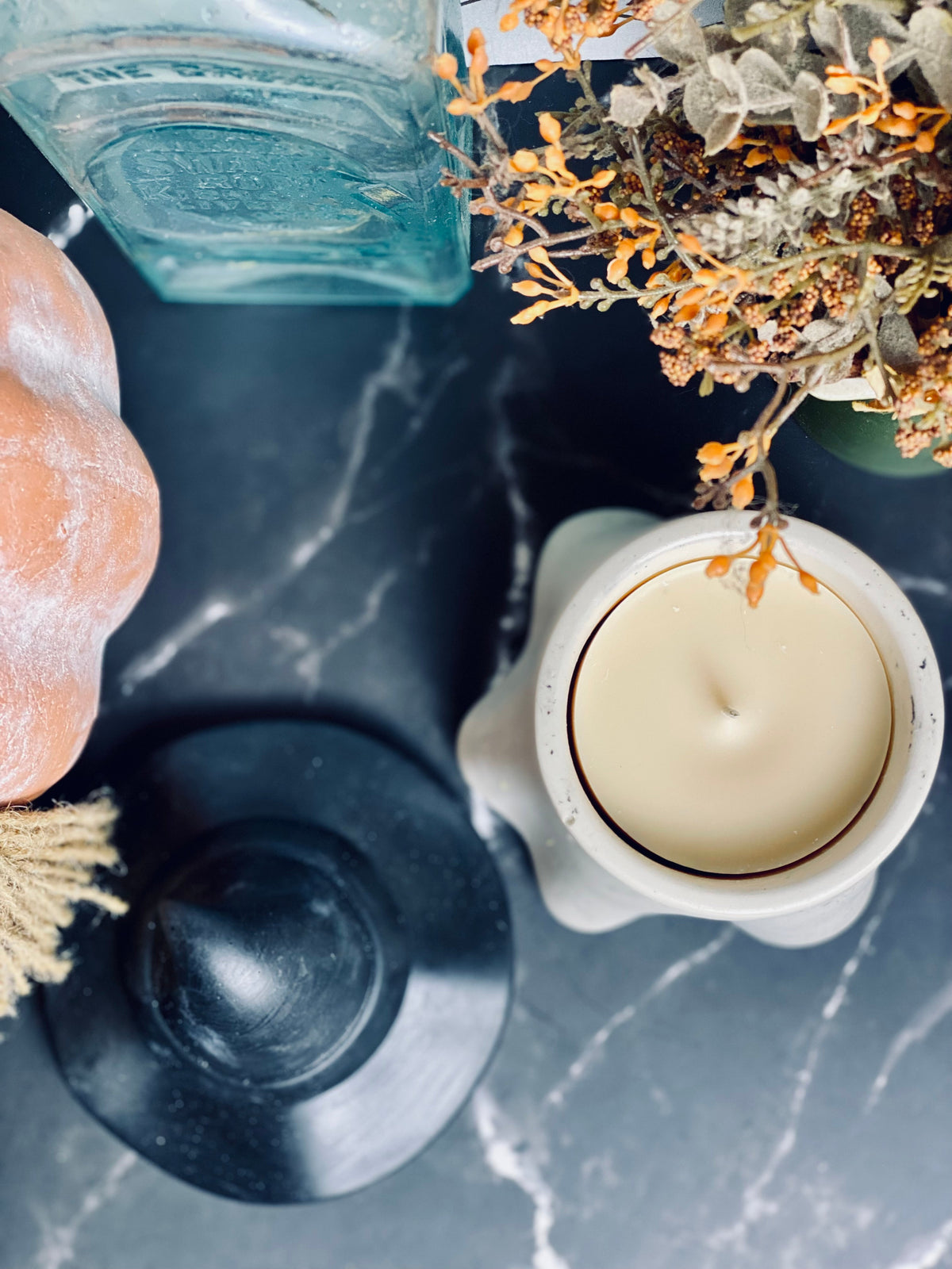 Ghost Witch white Hydrostone vessel and 6 oz pillar candle