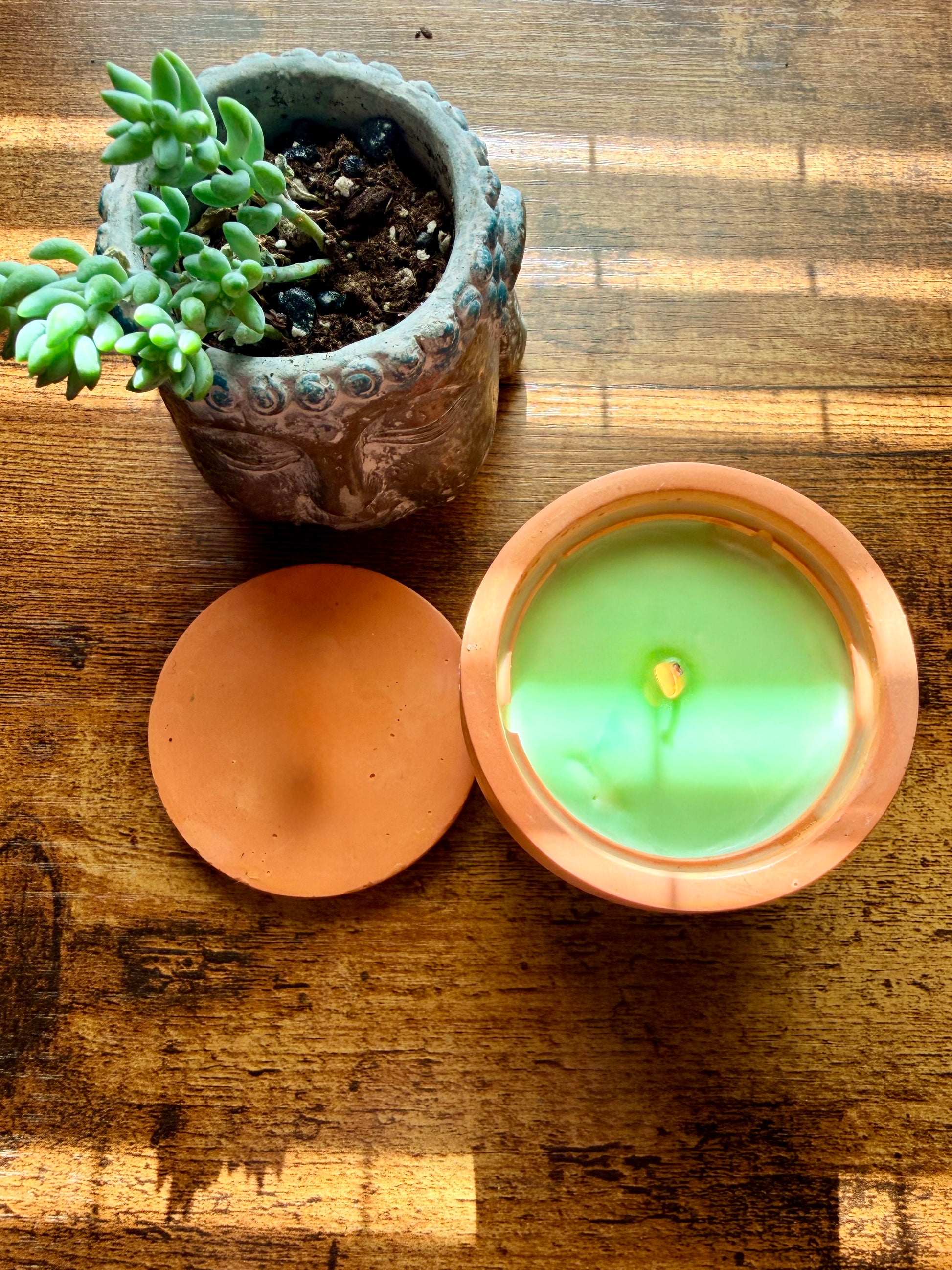 Terracotta candle with lid and potted plant on a wooden surface