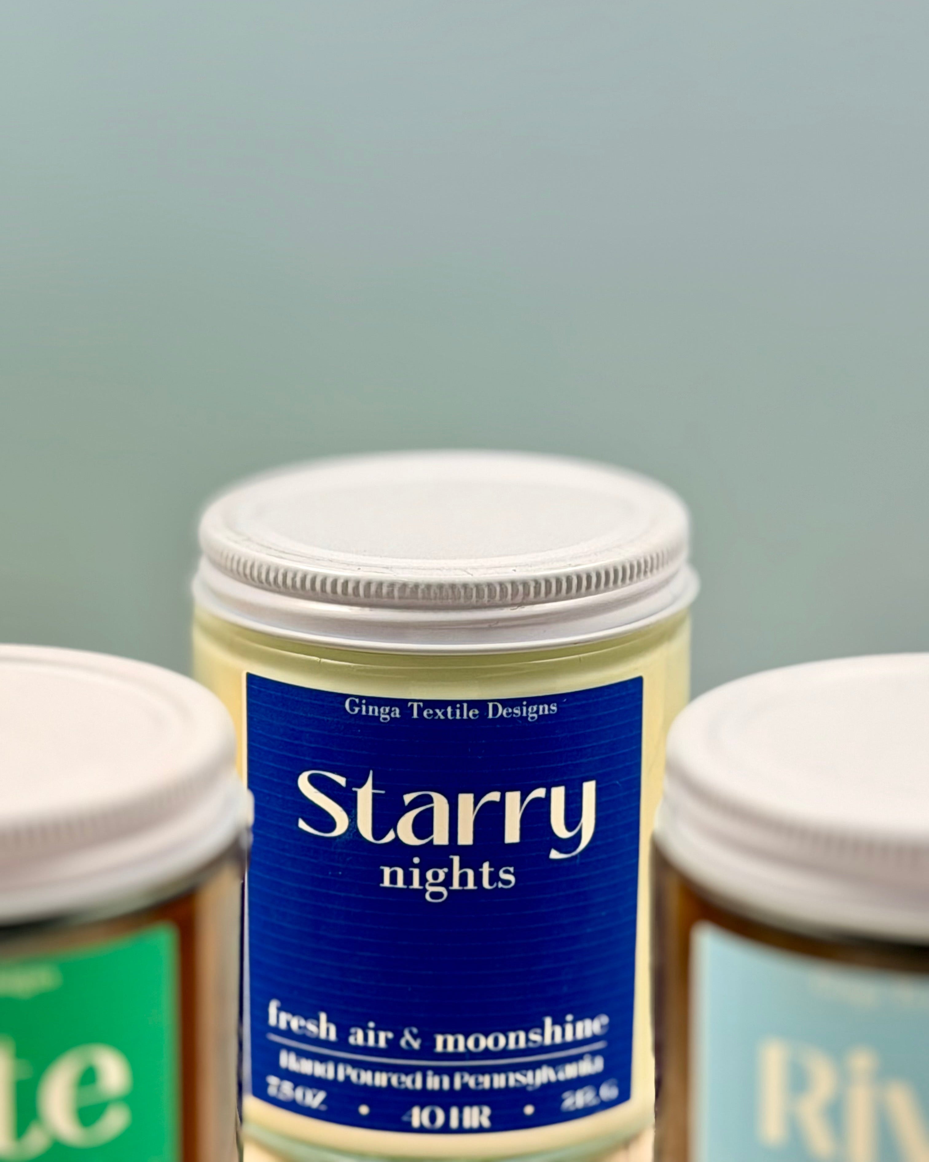 Jar of 'Starry nights' with a blue label on a gray background