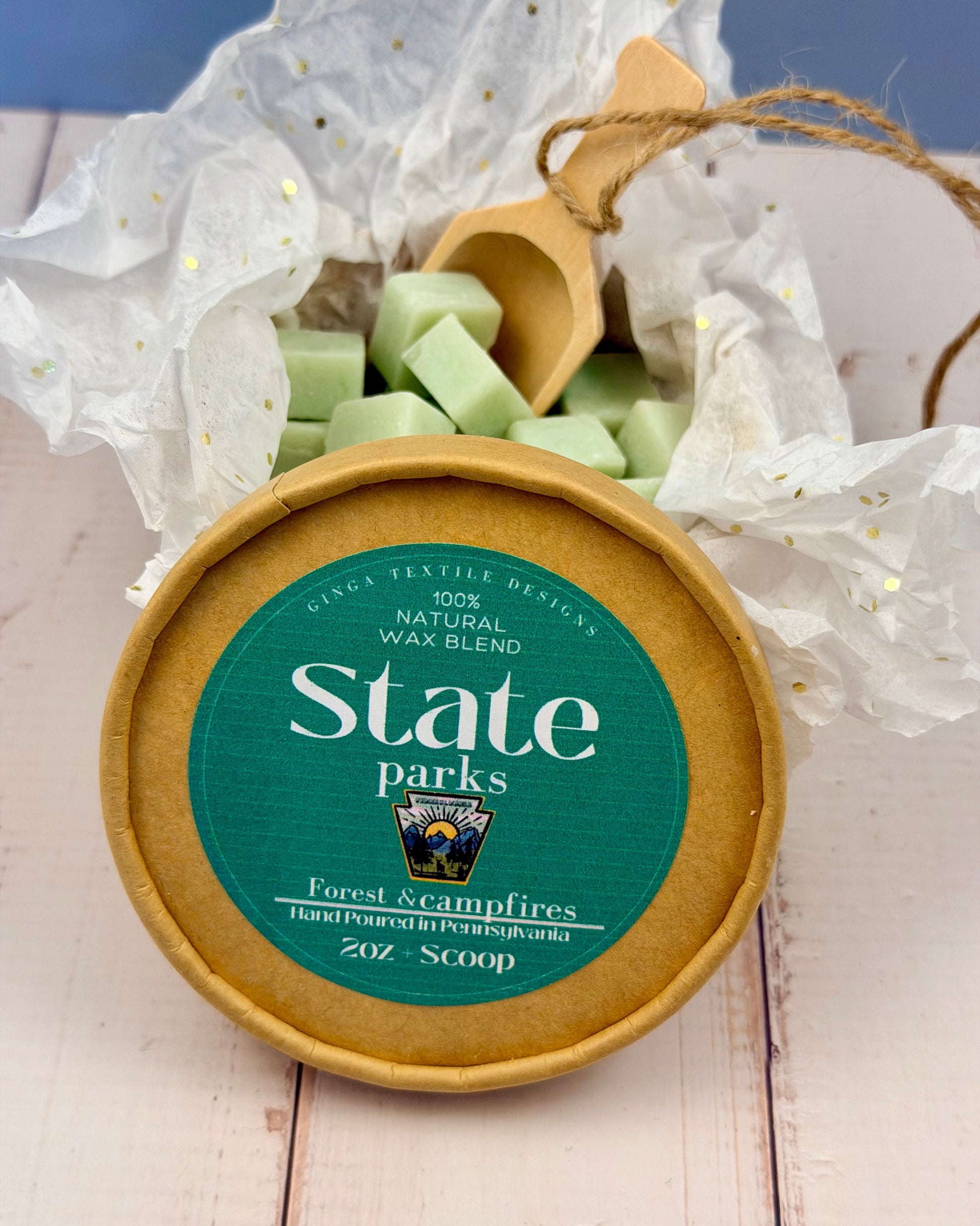 State Parks wax melt container with green label on a white surface