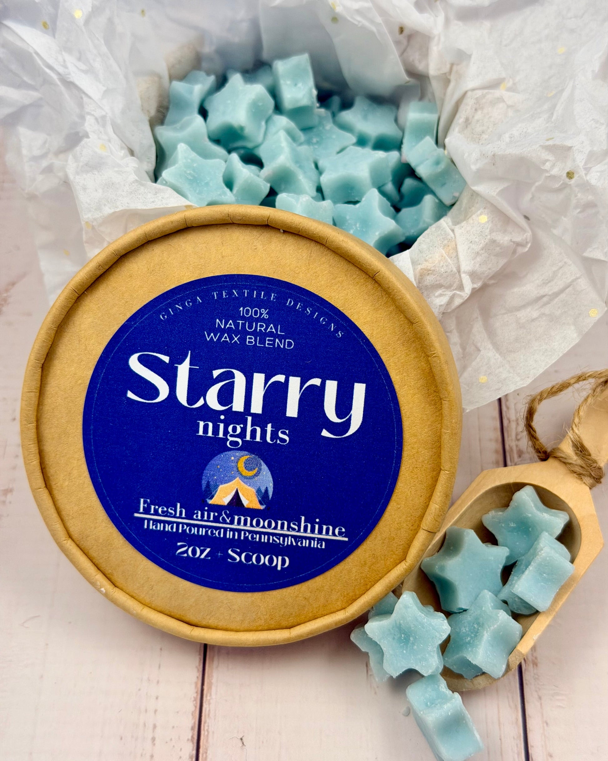 Starry Nights wax melts in a container with a blue label on a white background