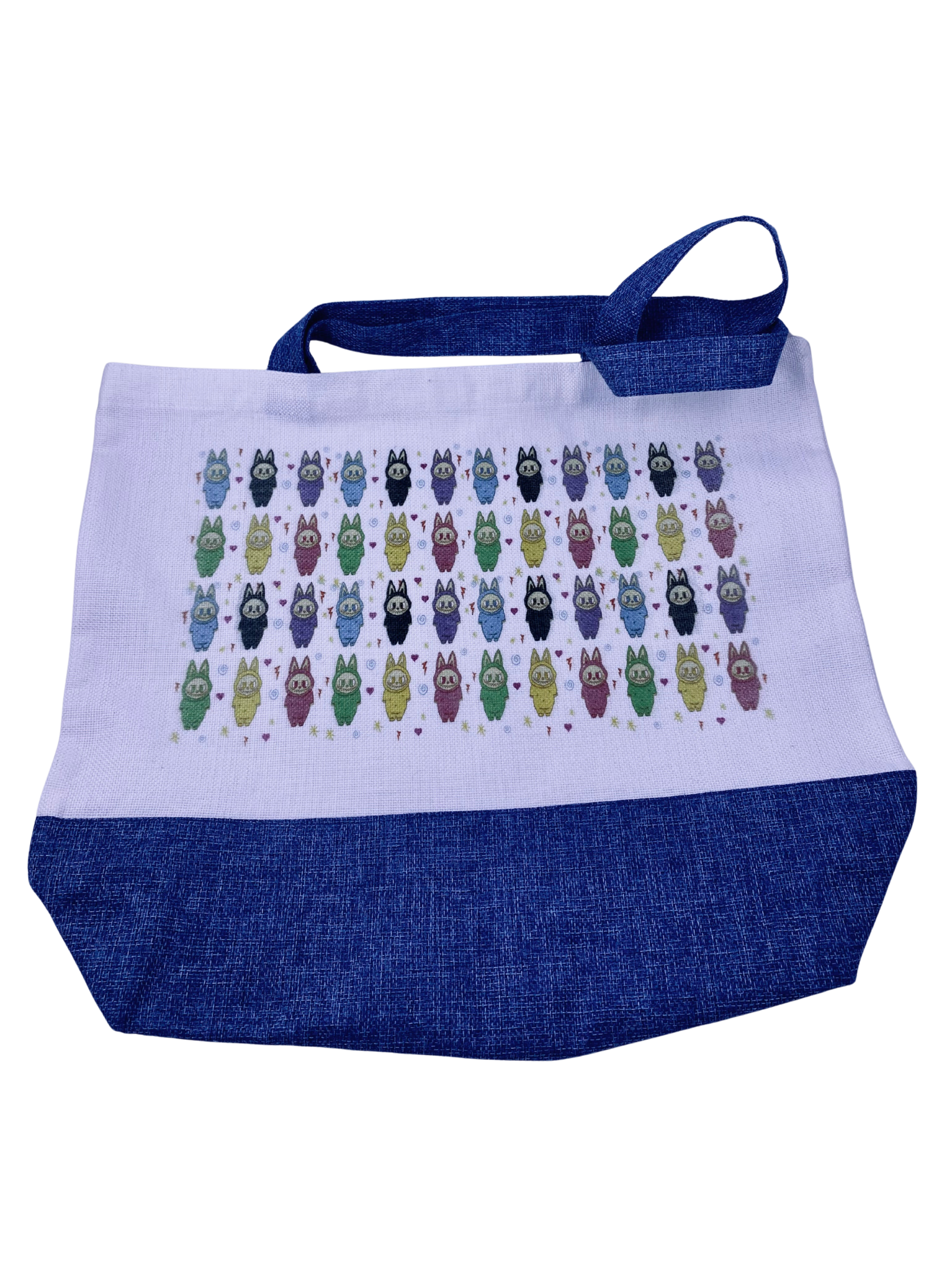 Tote bag with colorful character pattern on a white background