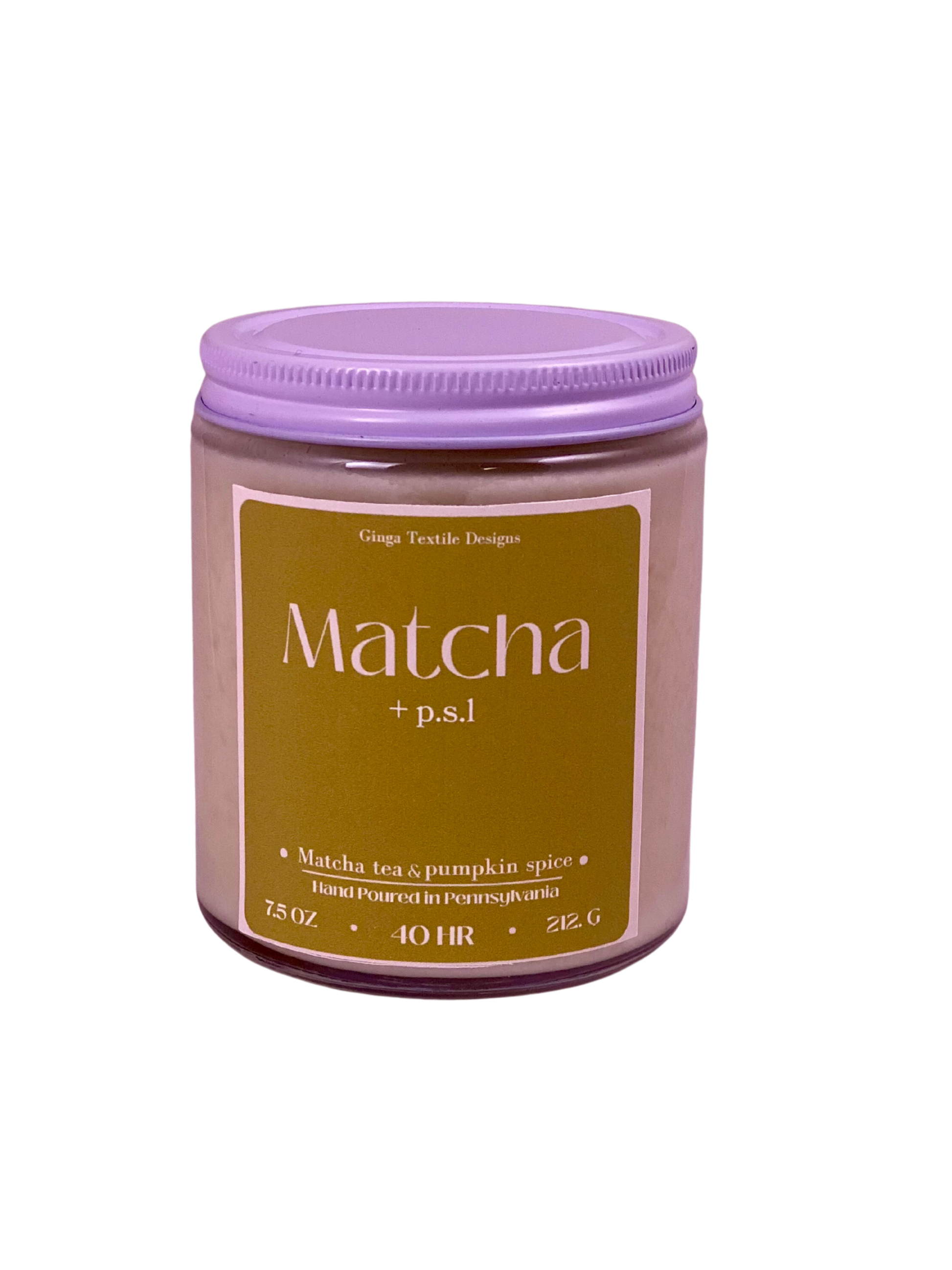 scented candle jar of 'Matcha + p.s.l' with a white lid on a white background