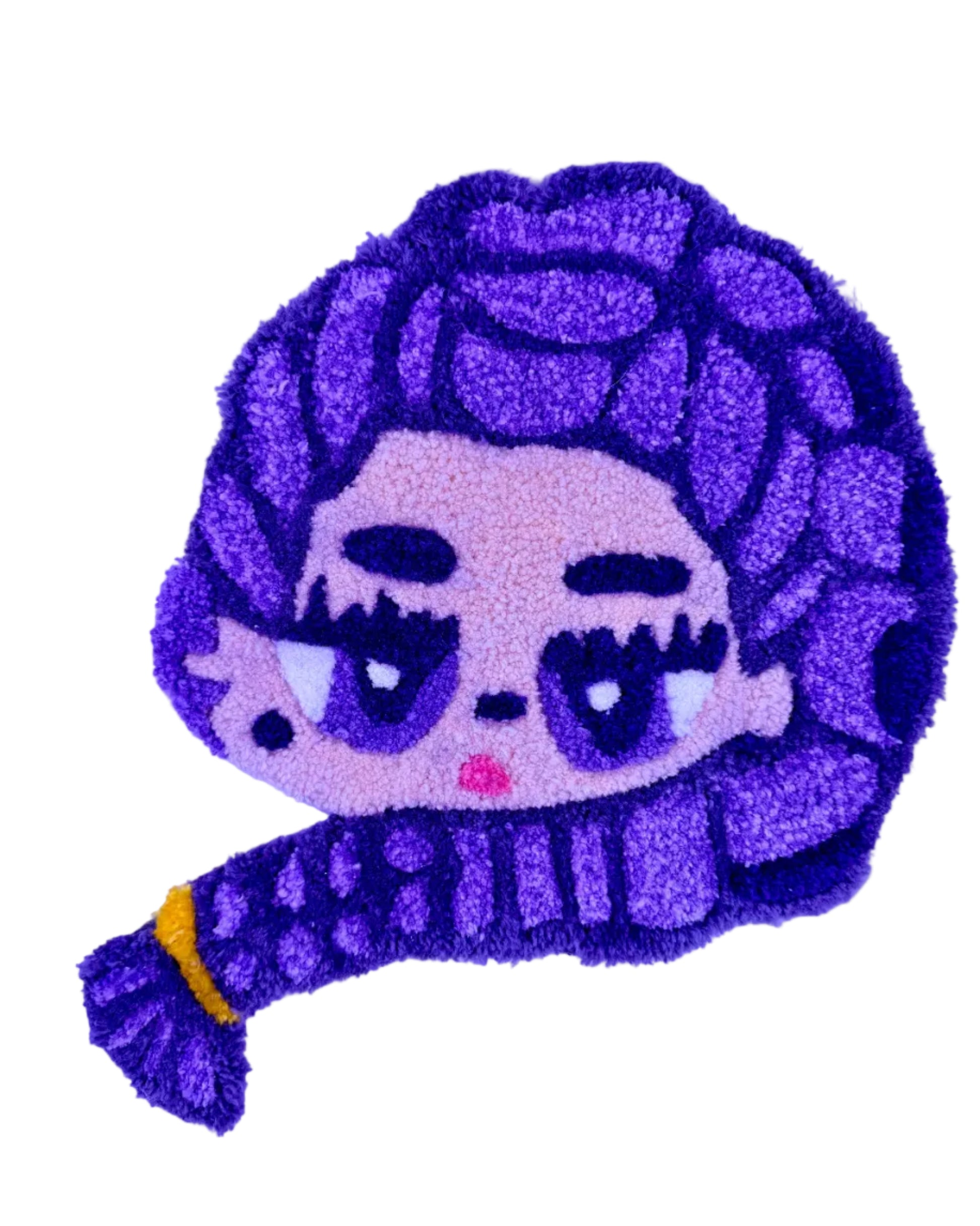 Tufted rug of a character with purple hair and outfit on a white background