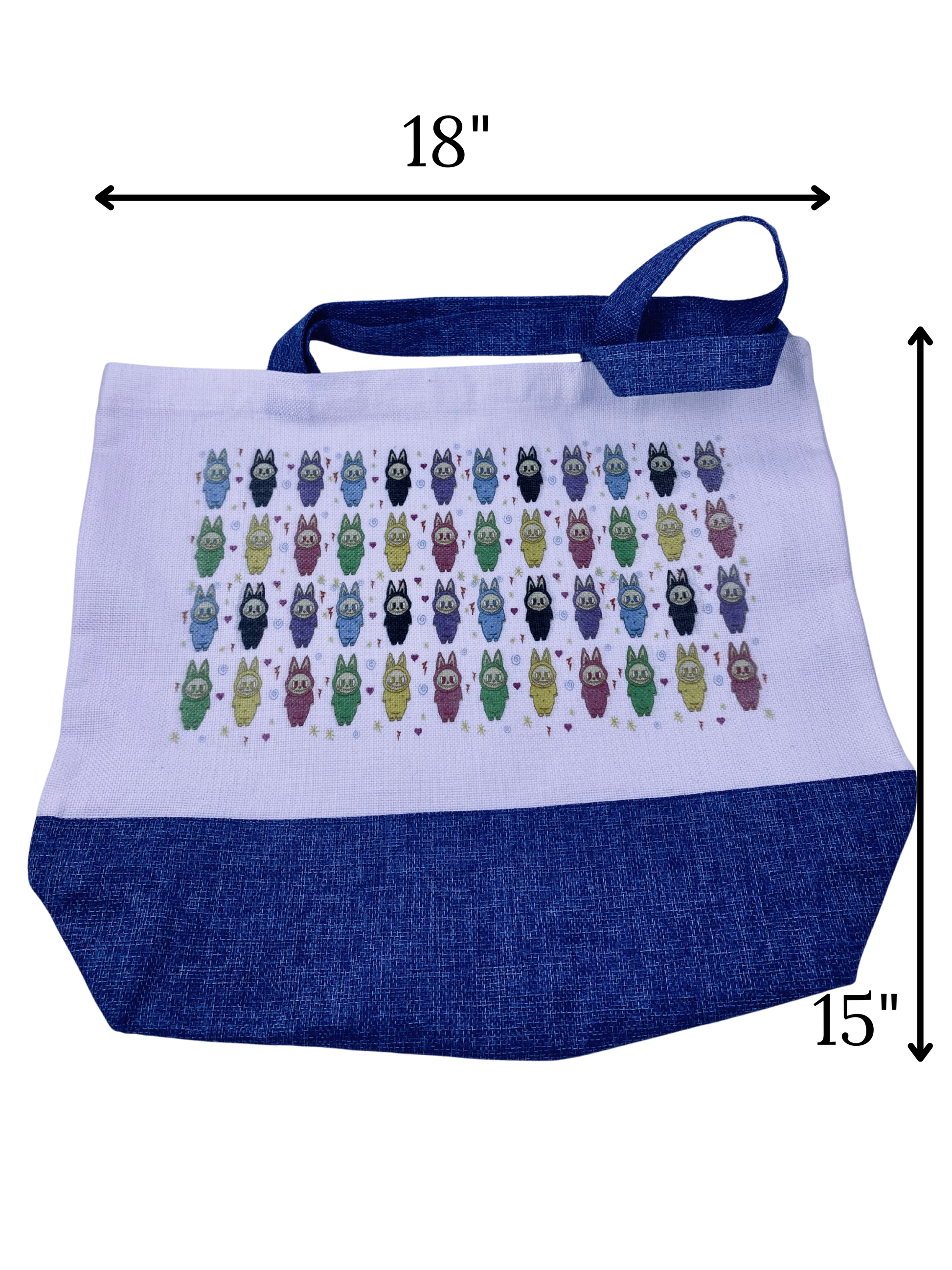 Canvas tote bag with colorful character pattern and measurements on a white background