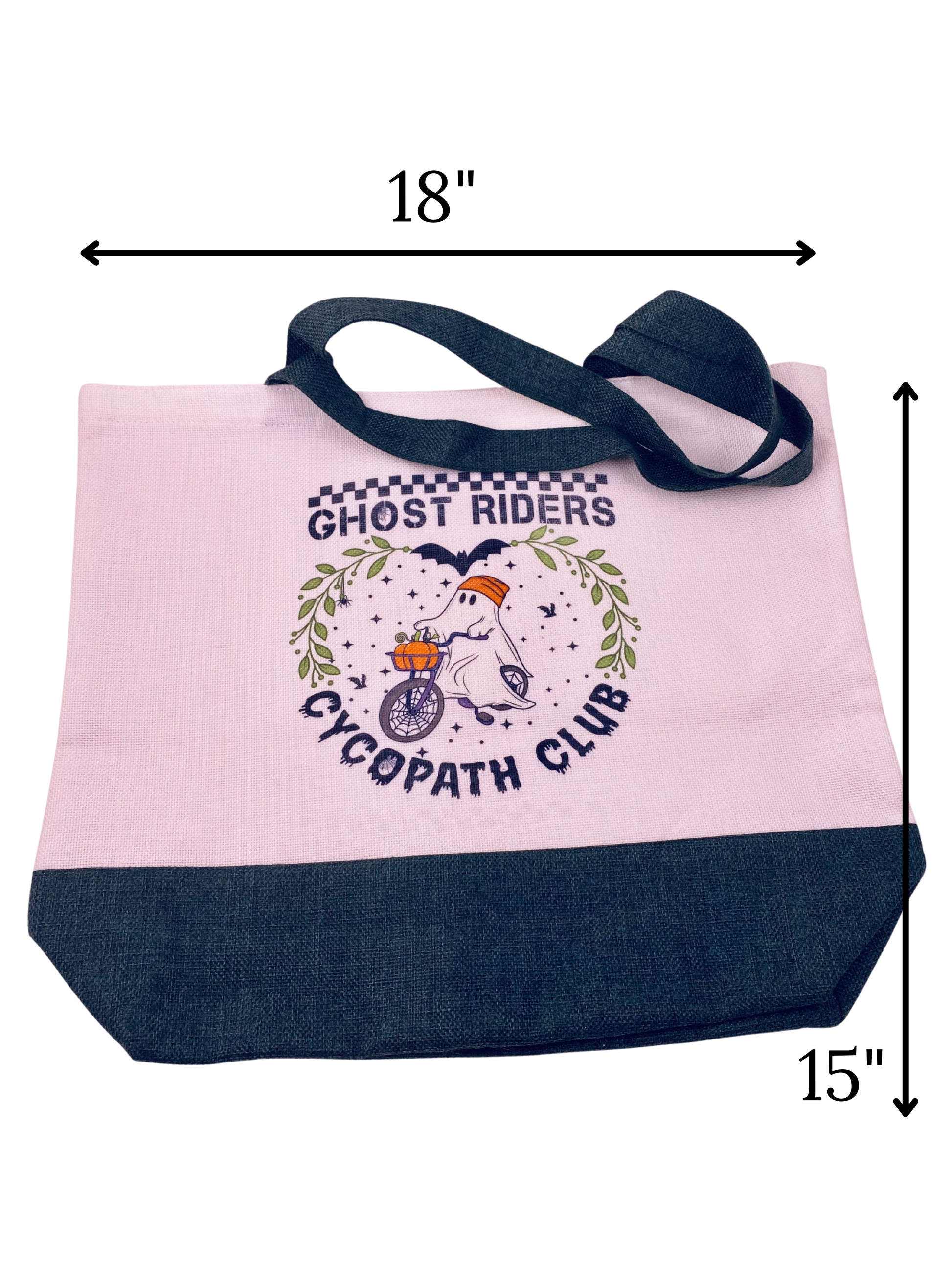 Tote bag with 'Ghost Riders Cycopath Club' design and measurements on a white background