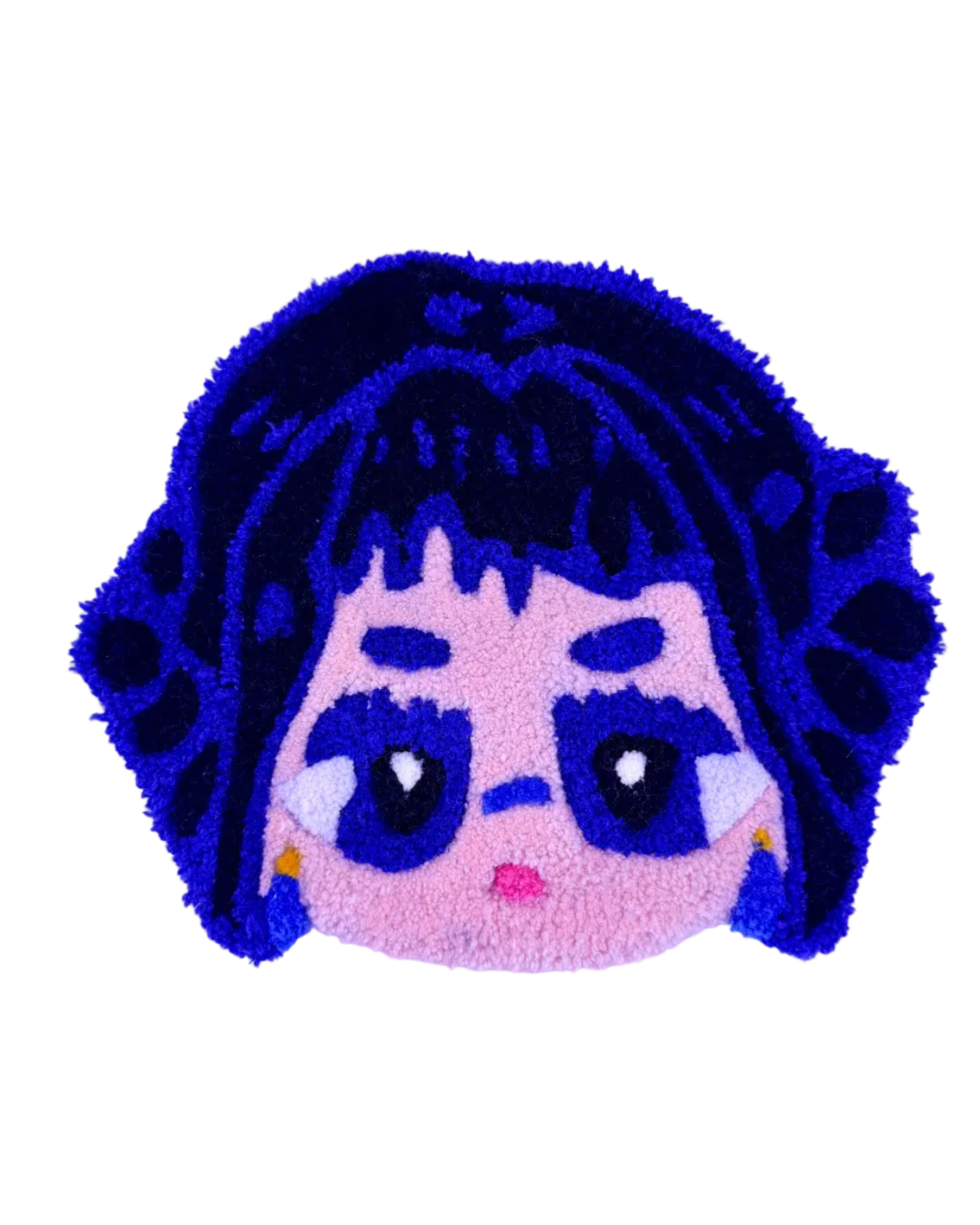 Tufted rug of a cartoon character with blue hair on a purple background