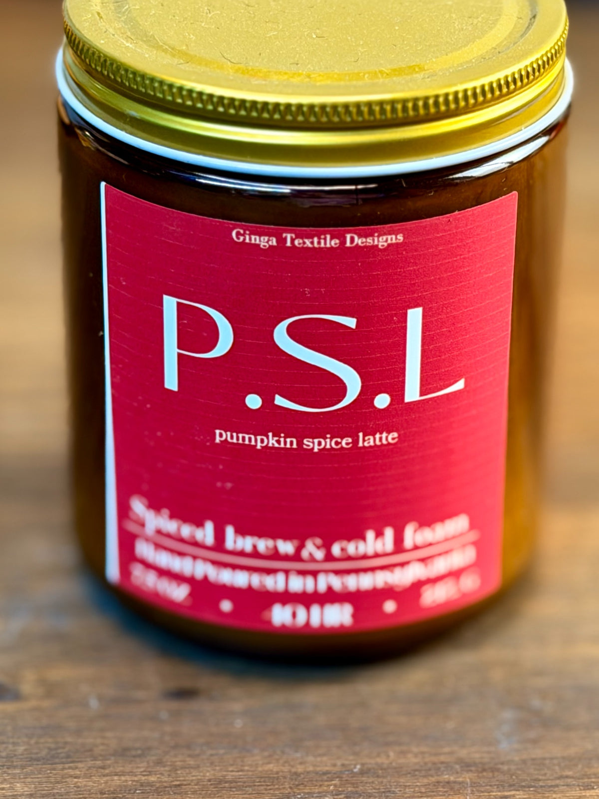 Pumpkin Spice Latte 7.5 oz amber glass candle with gold lid